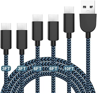 5Pack (3/3/6/6/10FT) Fast Charging 3A USB-C to USB-A Cable Rapid Charger Quick Cord Compatible Samsung Galaxy S10 S9 S8 Plus, Note 10 9 8, LG V50 V40 G8 G7(Blue)