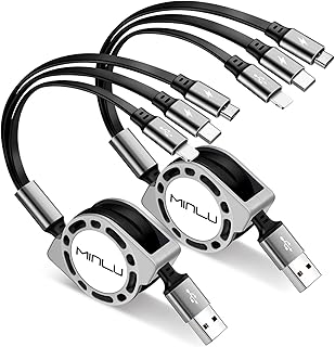 Minlu Multi Charging Cable 3A 2Pack 4ft 3 in 1 Retractable Multi USB Cable Fast Charger Cord Adapter with IP/Type C/Micro USB Port for Cell Phones/IP/Samsung Galaxy/Ps/Tablets and More