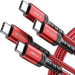 JSAUX 100W USB C to USB C Cable (2-Pack 6.6FT+6.6FT), 5A PD USB Type-C Fast Charging Cord Compatible with iPhone 15 15 Pro/15 Pro Max MacBook Pro/Air iPad Pro Mini 6 Samsung S23 S22 Z-flip Pixel Red